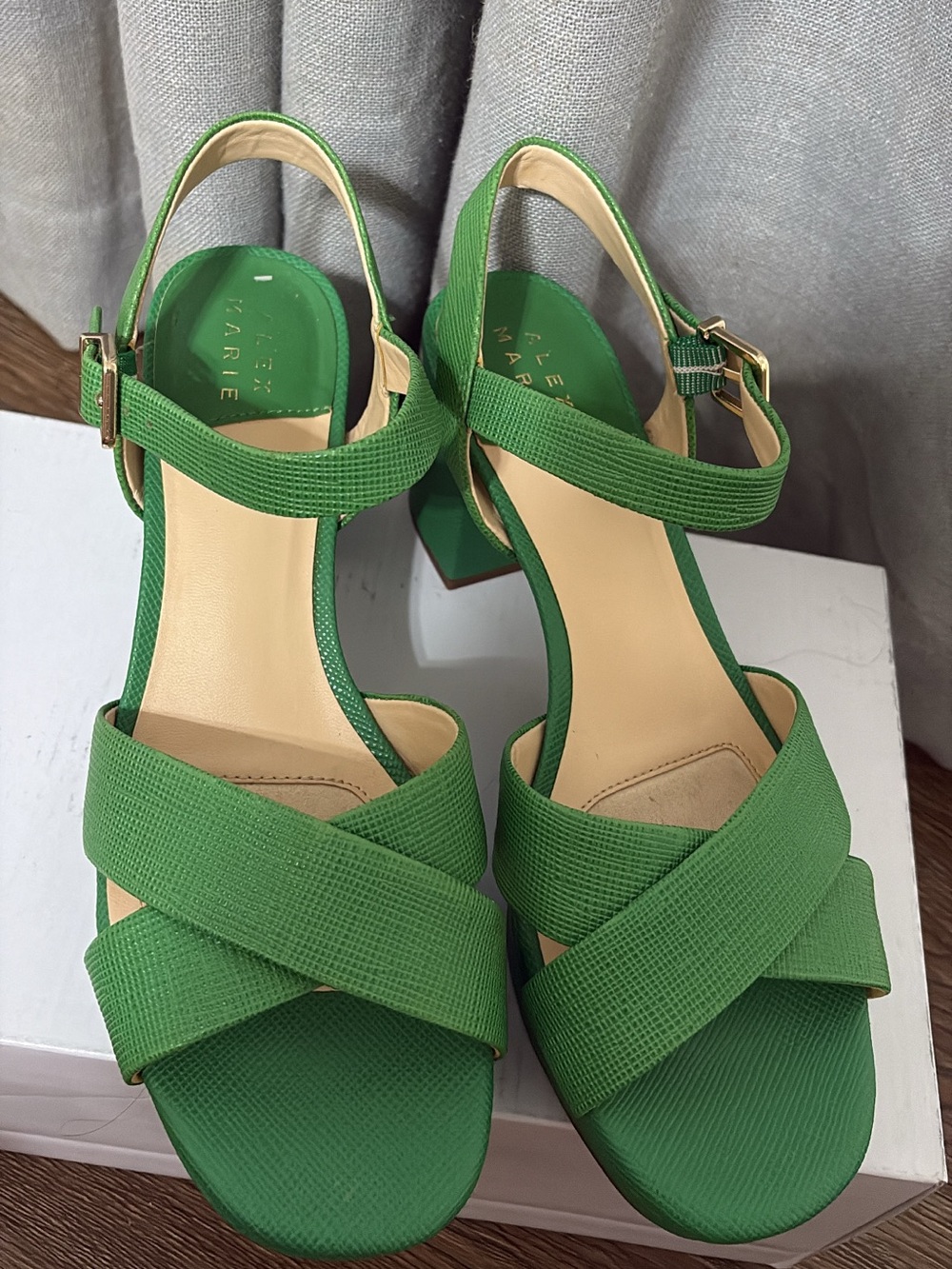Alex Marie Green Textured Crisscross Block Heel Sandals